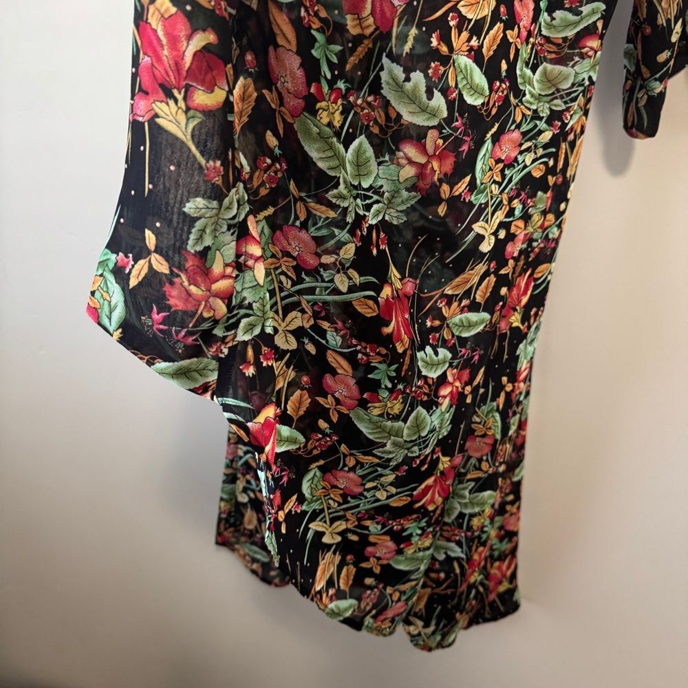 Floral Open Front Duster Kimono Black Botanical Boho Maxi Layering Cardigan - Picture 4 of 7